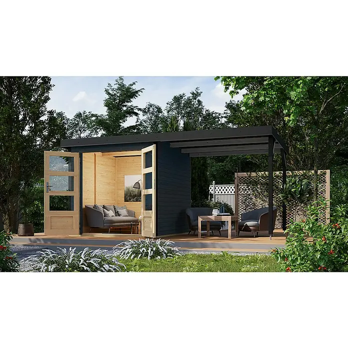 Karibu Gartenhaus Jupiter 2 C - Außenmaß inkl. Dachüberstand (B x T): 453 x 235 cm, Holz, Anthrazit - Modernes Gartenhaus mit offenem Design und Holzelementen, ideal für Entspannung im Freien.