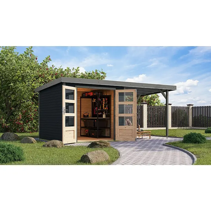 Karibu Gartenhaus Jupiter 3,5 C - Außenmaß inkl. Dachüberstand (B x T): 486,5 x 266,5 cm, Holz, Anthrazit/Grau, Mit Seitendach - Abbildung eines modernen Gartenschuppens mit offenen Holztüren und angrenzendem Unterstand. Der Schuppen ist dunkelgrau mit hellen Holzakzenten.