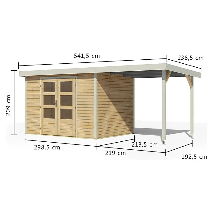 Karibu Gartenhaus Jupiter 4 A - Außenmaß inkl. Dachüberstand (B x T): 541,5 x 236,5 cm, Holz, Naturbelassen/Weiß, Mit Seitendach - Gartenhaus aus hellem Holz mit integriertem Carport, graues Dach und Stützpfosten.
