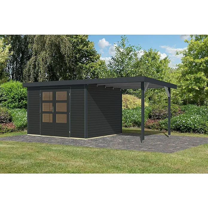 Karibu Gartenhaus Jupiter 5 C - Außenmaß inkl. Dachüberstand (B x T): 541,5 x 266,5 cm, Holz, Anthrazit, Mit Seitendach - Gartenhaus mit überdachter Veranda.