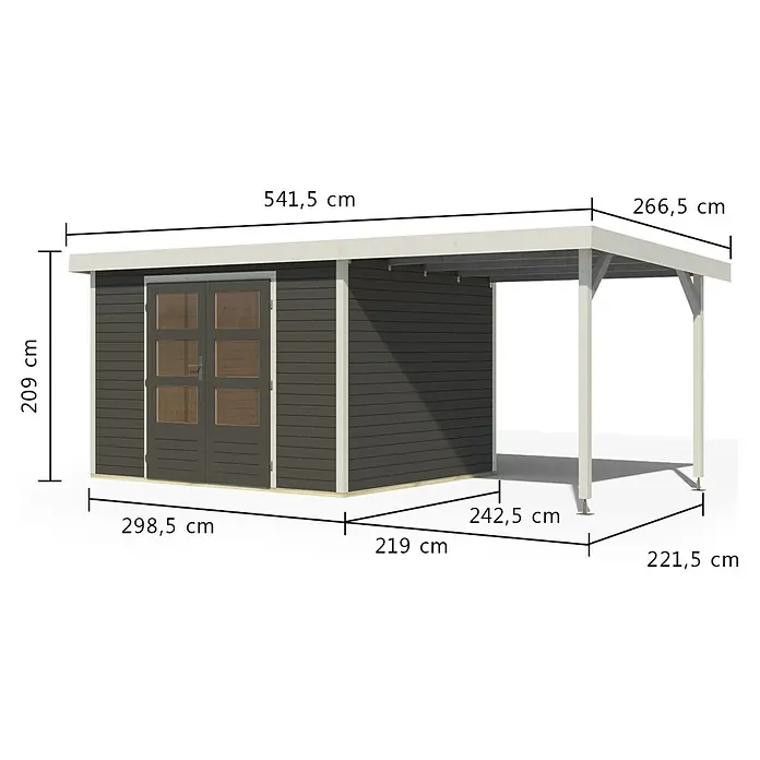 Karibu Gartenhaus Jupiter 5 B - Außenmaß inkl. Dachüberstand (B x T): 541,5 x 266,5 cm, Holz, Terragrau/Weiß, Mit Seitendach - Dunkelgraues Gartenhaus mit weißem Dach und Verkleidung, integrierter Carport. Gesamtlänge 541,5 cm, Höhe 209 cm.