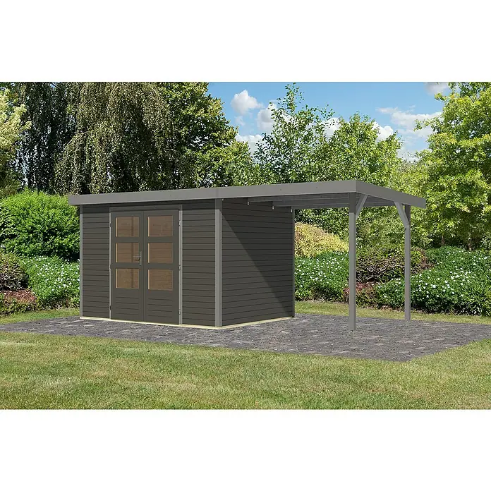 Karibu Gartenhaus Jupiter 4 B - Außenmaß inkl. Dachüberstand (B x T): 541,5 x 236,5 cm, Holz, Terragrau/Grau, Mit Seitendach - Ein modernes Gartenhaus mit Flachdach und integriertem Unterstand, ideal für die Aufbewahrung und als Wetterschutz.