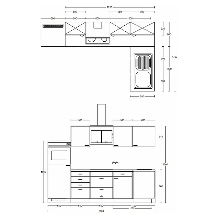 Flex-Well Valero Winkelküche - 170 x 280 cm, Weiß, Mit Elektrogeräten - Detaillierter Küchengrundriss mit Plan- und Aufrissansichten, inklusive Maßen für Schränke, integrierte Geräte und Spülbeckenpositionierung.