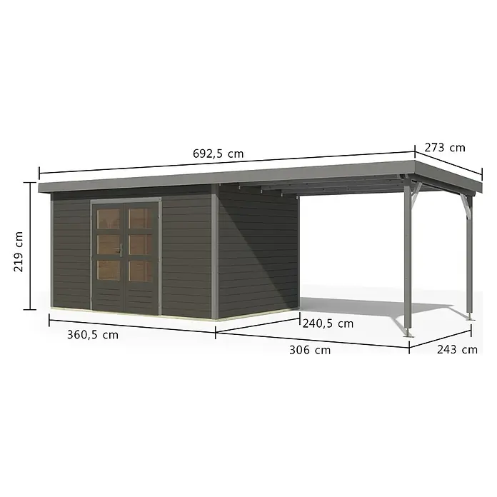 Karibu Gartenhaus Pluto 7 B - Außenmaß inkl. Dachüberstand (B x T): 692,5 x 273 cm, Holz, Terragrau/Grau - Dunkelgraues Gartenhaus mit Doppeltür und angebautem Carport. Länge 692,5 cm, Schuppen 360,5 cm tief, Carport 273 cm tief, Höhe 219 cm.