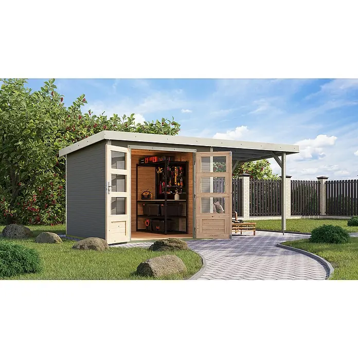 Karibu Gartenhaus Jupiter 3,5 D - Außenmaß inkl. Dachüberstand (B x T): 486,5 x 266,5 cm, Holz, Wassergrau/Weiß, Mit Seitendach - Das Bild zeigt ein geräumiges Gartenhaus mit offenstehenden Türen, das einen Einblick in den Werkzeugbereich bietet.