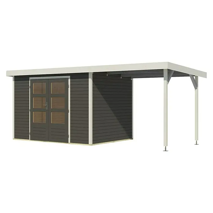 Karibu Gartenhaus Jupiter 4 B - Außenmaß inkl. Dachüberstand (B x T): 541,5 x 236,5 cm, Holz, Terragrau/Weiß, Mit Seitendach - Geräumiger Geräteschuppen mit überdachtem Anbau. Die dunkelgraue Holzverkleidung harmoniert perfekt mit dem hellen Dach und den Pfosten.