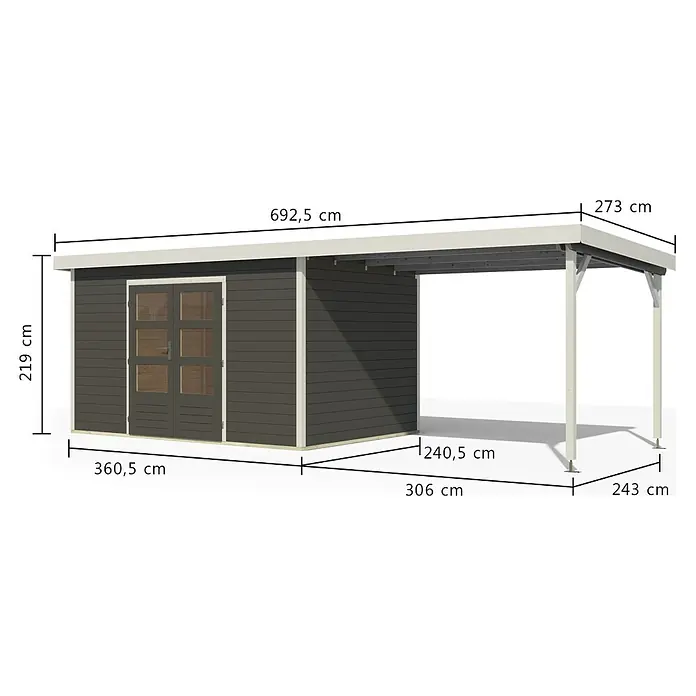 Karibu Gartenhaus Pluto 7 B - Außenmaß inkl. Dachüberstand (B x T): 692,5 x 273 cm, Holz, Terragrau - Dunkelgraues Holzgartenhaus mit integriertem hellfarbenem Carport und Dach. Detaillierte Maße angegeben.
