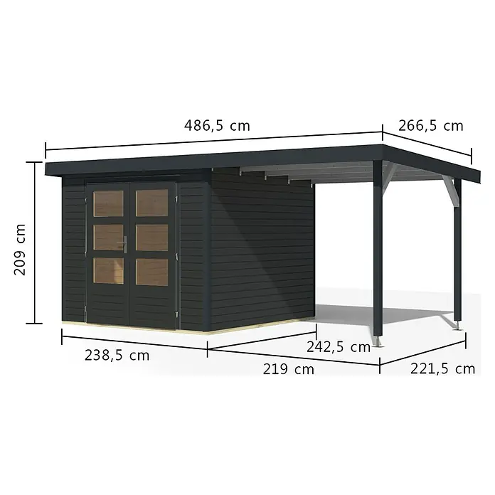 Karibu Gartenhaus Jupiter 3,5 C - Außenmaß inkl. Dachüberstand (B x T): 486,5 x 266,5 cm, Holz, Anthrazit, Mit Seitendach - Dunkelgraues Gartenhaus aus Holz mit Doppeltüren und integriertem Carport, Maße angezeigt.