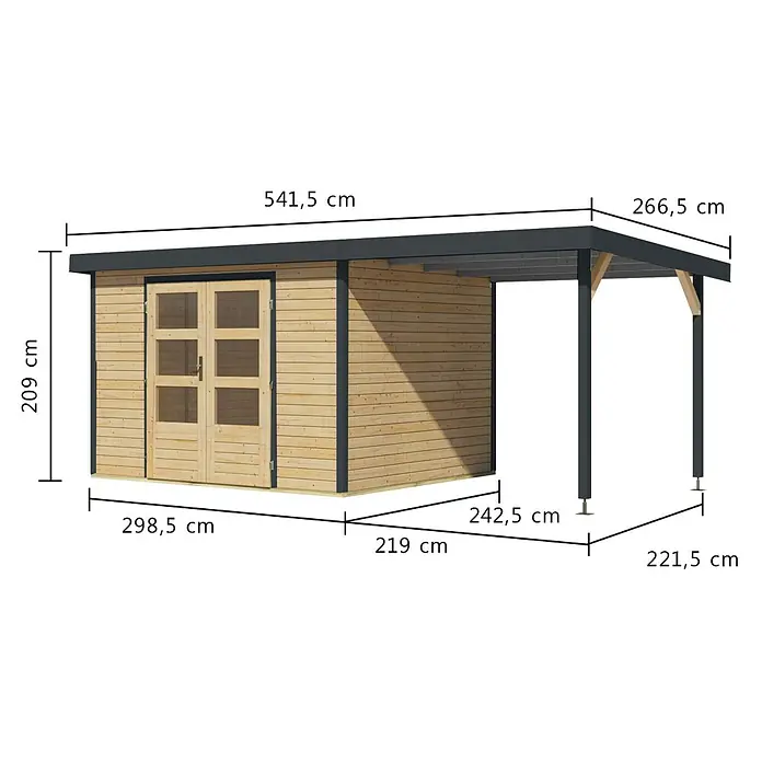 Karibu Gartenhaus Jupiter 5 A - Außenmaß inkl. Dachüberstand (B x T): 541,5 x 266,5 cm, Holz, Naturbelassen/Anthrazit, Mit Seitendach - Gartenschuppen aus Holz mit angebautem dunkelgrauem Carport, mit Maßen.