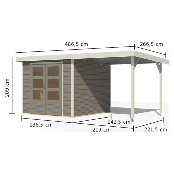 Karibu Gartenhaus Jupiter 3,5 D - Außenmaß inkl. Dachüberstand (B x T): 486,5 x 266,5 cm, Holz, Wassergrau/Weiß, Mit Seitendach - Schuppen mit integriertem Carport aus braungrauem und hellem Holz.