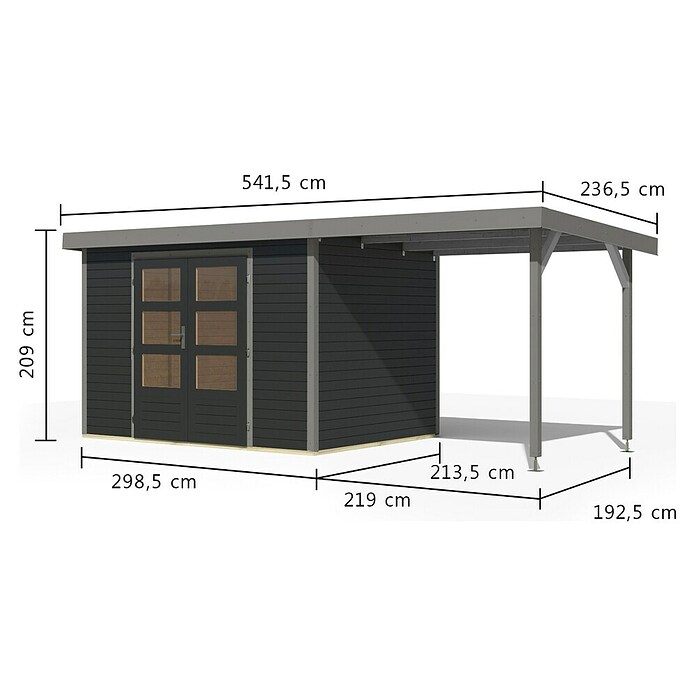 Karibu Gartenhaus Jupiter 4 C (Außenmaß inkl. Dachüberstand (B x T): 541,5 x 236,5 cm, Holz, Anthrazit/Grau, Mit Seitendach) | BAUHAUS