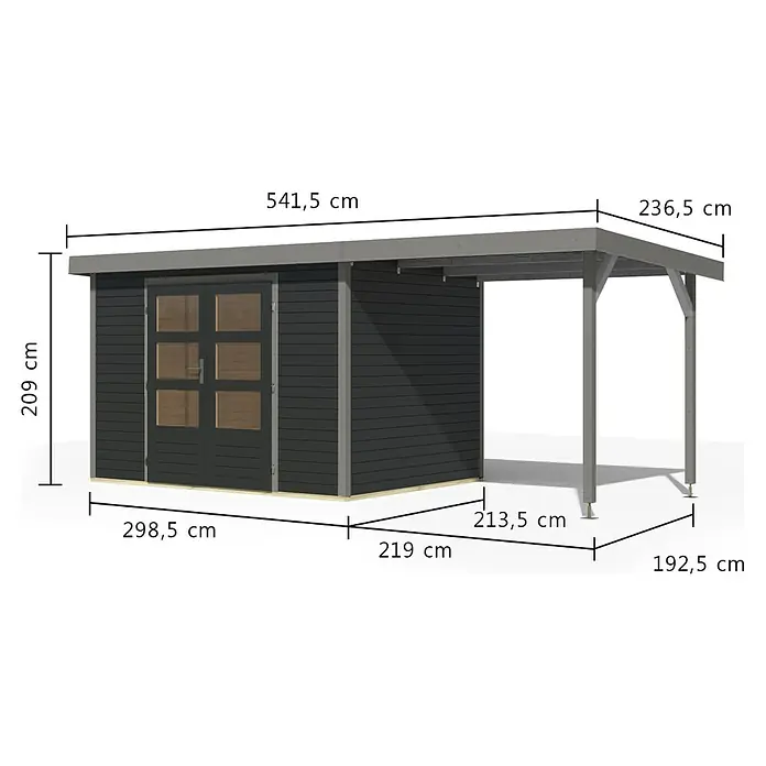 Karibu Gartenhaus Jupiter 4 C - Außenmaß inkl. Dachüberstand (B x T): 541,5 x 236,5 cm, Holz, Anthrazit/Grau, Mit Seitendach - Dunkelgraues Gartenhaus mit hellgrauem Dach und integriertem Carport. Mit Doppeltüren und Glasfeldern.