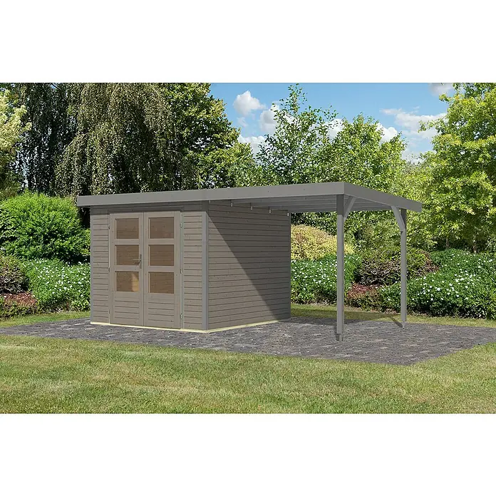 Karibu Gartenhaus Jupiter 3,5 D - Außenmaß inkl. Dachüberstand (B x T): 486,5 x 266,5 cm, Holz, Wassergrau, Mit Seitendach - Eine moderne, graue Gartenlaube mit Doppeltüren und einem kleinen Carport-Anbau, perfekt für Gartenwerkzeug und mehr.