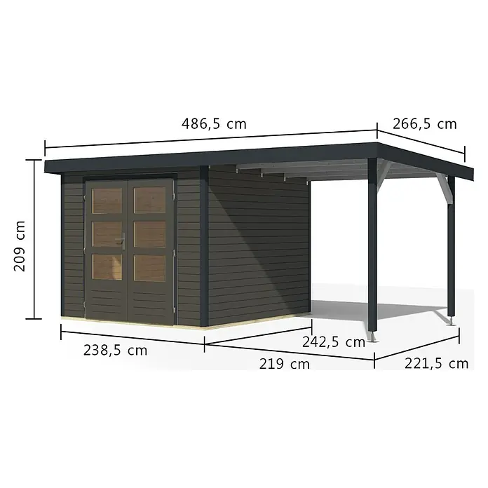 Karibu Gartenhaus Jupiter 3,5 B - Außenmaß inkl. Dachüberstand (B x T): 486,5 x 266,5 cm, Holz, Terragrau/Anthrazit, Mit Seitendach - Dunkelgraues Holzgartenhaus mit Doppeltüren und integriertem Carport, Maße abgebildet.