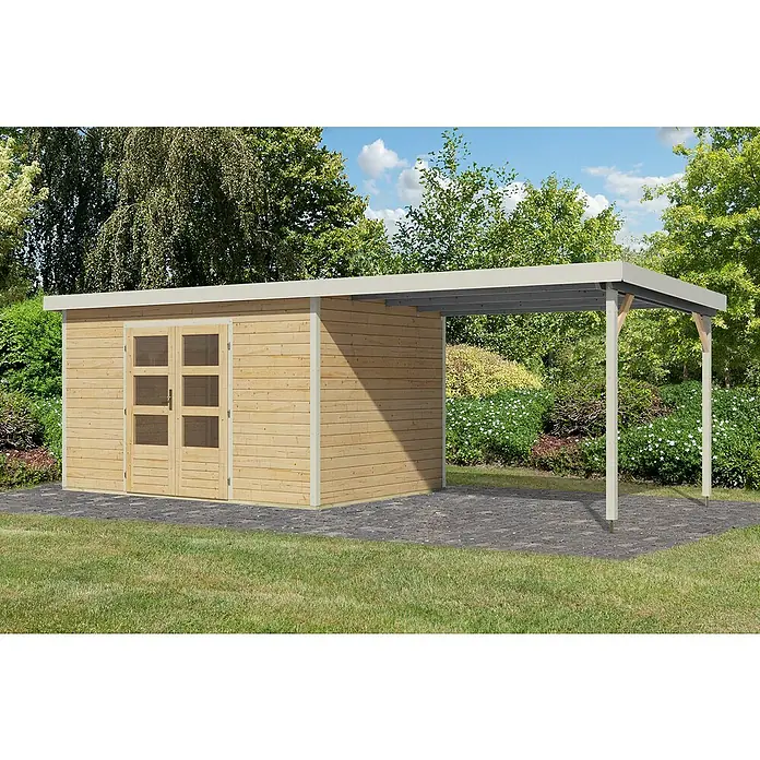 Karibu Gartenhaus Pluto 7 A - Außenmaß inkl. Dachüberstand (B x T): 692,5 x 273 cm, Holz, Naturbelassen/Weiß - Ein geräumiges Holzgartenhaus mit angebautem Carport bietet zusätzlichen Stauraum und Schutz vor den Elementen.