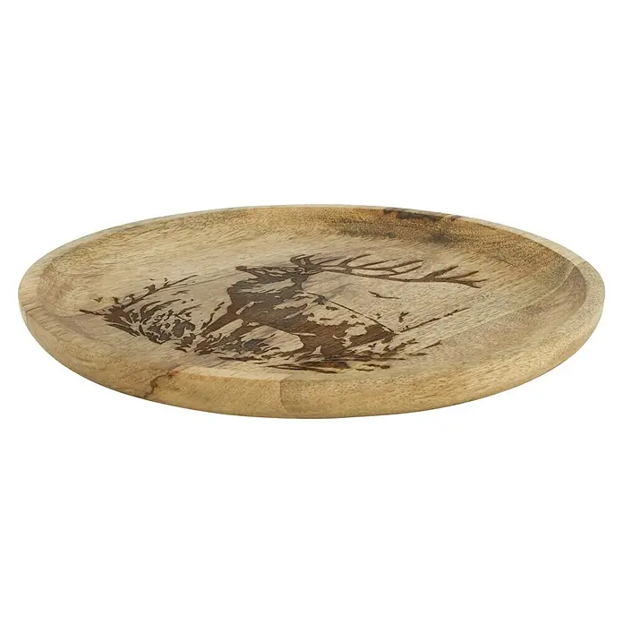 Deko-Tablett Rentier - Durchmesser: 28 cm, Holz - Rundes Holzbrett mit eingraviertem Hirsch- und Blattmuster.