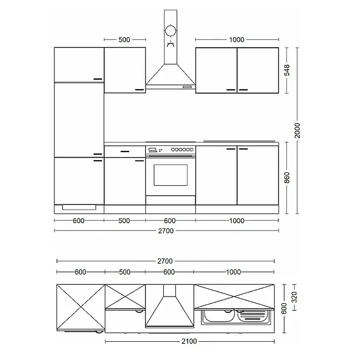 Flex-Well Rom  Küchenzeile Typ 2 - Breite: 270 cm, Weiß, Mit Elektrogeräten - Detaillierte technische Zeichnung einer modernen Küchenzeile mit Ober- und Unterschränken, Backofen, Kochfeld, Dunstabzugshaube und Spüle, inkl. Maßen.
