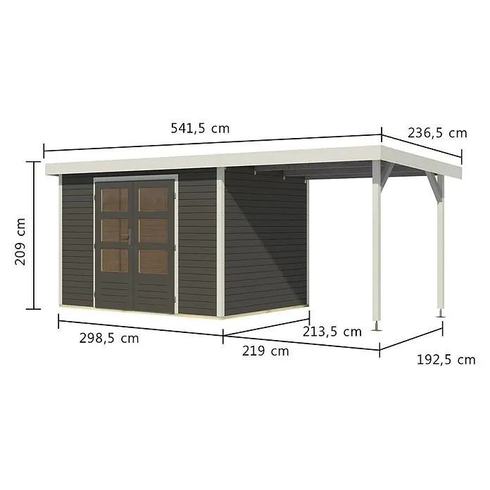Karibu Gartenhaus Jupiter 4 B - Außenmaß inkl. Dachüberstand (B x T): 541,5 x 236,5 cm, Holz, Terragrau/Weiß, Mit Seitendach - Dunkelgraues Gartenhaus aus Holz mit angebautem hellem Carport, Doppeltür vorne, bietet Stauraum und geschützten Außenbereich.