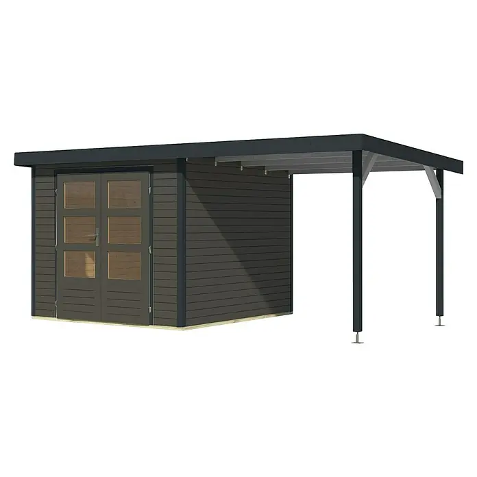 Karibu Gartenhaus Jupiter 3,5 B - Außenmaß inkl. Dachüberstand (B x T): 486,5 x 266,5 cm, Holz, Terragrau/Anthrazit, Mit Seitendach - Abbildung eines modernen Gartenhauses mit Doppeltür und angebautem Carport, ideal für die Aufbewahrung und als Unterstand.