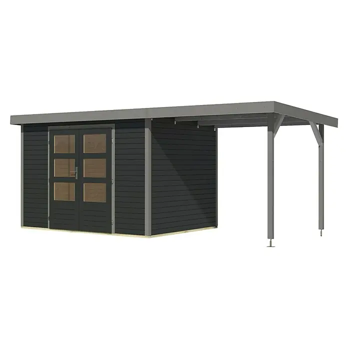Karibu Gartenhaus Jupiter 4 C - Außenmaß inkl. Dachüberstand (B x T): 541,5 x 236,5 cm, Holz, Anthrazit/Grau, Mit Seitendach - Abbildung eines modernen Gartenhauses mit Carport, das elegantes Design und Funktionalität für den Außenbereich vereint.