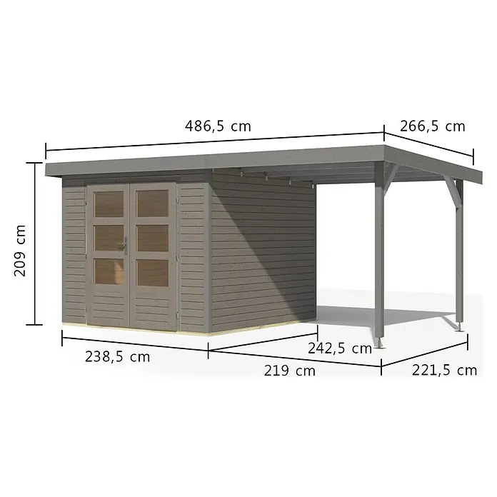 Karibu Gartenhaus Jupiter 3,5 D - Außenmaß inkl. Dachüberstand (B x T): 486,5 x 266,5 cm, Holz, Wassergrau, Mit Seitendach - Grauer Holzschuppen mit Doppeltüren und angebautem Carport, mit Stützbalken und auskragendem Dach.