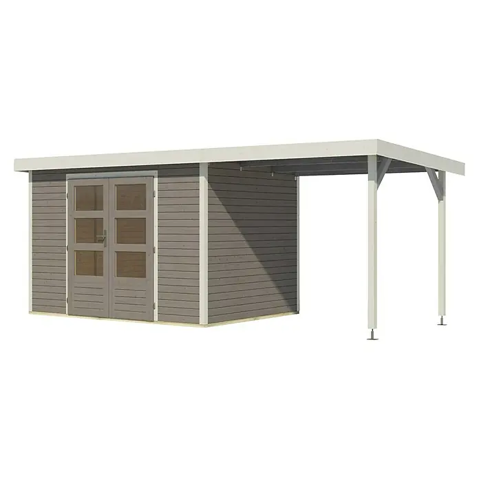 Karibu Gartenhaus Jupiter 4 D - Außenmaß inkl. Dachüberstand (B x T): 541,5 x 236,5 cm, Holz, Wassergrau/Weiß, Mit Seitendach - Ein modernes Gartenhaus mit überdachtem Anbau, ideal für zusätzlichen Stauraum oder als gemütlicher Rückzugsort im Freien.