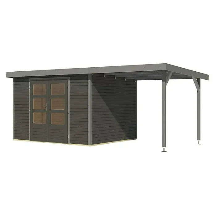 Karibu Gartenhaus Jupiter 5 B - Außenmaß inkl. Dachüberstand (B x T): 541,5 x 266,5 cm, Holz, Terragrau/Grau, Mit Seitendach - Das Bild zeigt ein modernes Gartenhaus mit einem angebauten Carport, ideal für zusätzlichen Stauraum und Schutz im Freien.