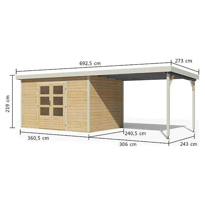 Karibu Gartenhaus Pluto 7 A - Außenmaß inkl. Dachüberstand (B x T): 692,5 x 273 cm, Holz, Naturbelassen/Weiß - Gartenschuppen aus Holz mit hellgrauem Flachdach und integriertem Carport.