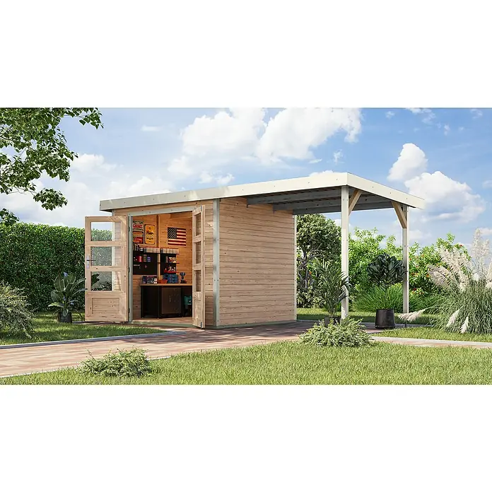 Karibu Gartenhaus Jupiter 3 A - Außenmaß inkl. Dachüberstand (B x T): 486,5 x 236,5 cm, Holz, Naturbelassen/Weiß - Ein Holzschuppen mit offenen Türen und einer überdachten Veranda. Es steht auf einem Rasen in einem Garten und bietet Stauraum und Schutz.