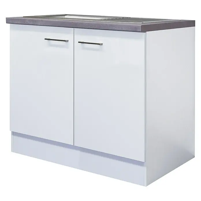 Flex-Well Rom  Spülenunterschrank - 60 x 100 x 86 cm, Weiß - Ein Waschbeckenunterschrank mit weißen, glänzenden Türen und Griffen sowie einer grauen Arbeitsplatte.