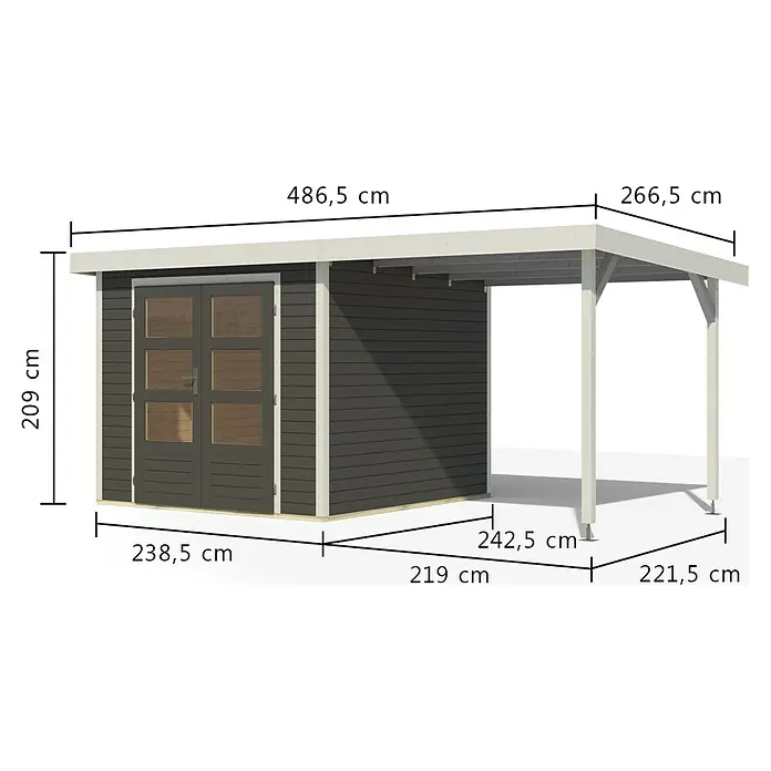 Karibu Gartenhaus Jupiter 3,5 B - Außenmaß inkl. Dachüberstand (B x T): 486,5 x 266,5 cm, Holz, Terragrau/Weiß, Mit Seitendach - Dunkelgrauer Holz-Gartenschuppen mit hellem Anbau-Carport und Flachdach. Maße gezeigt.
