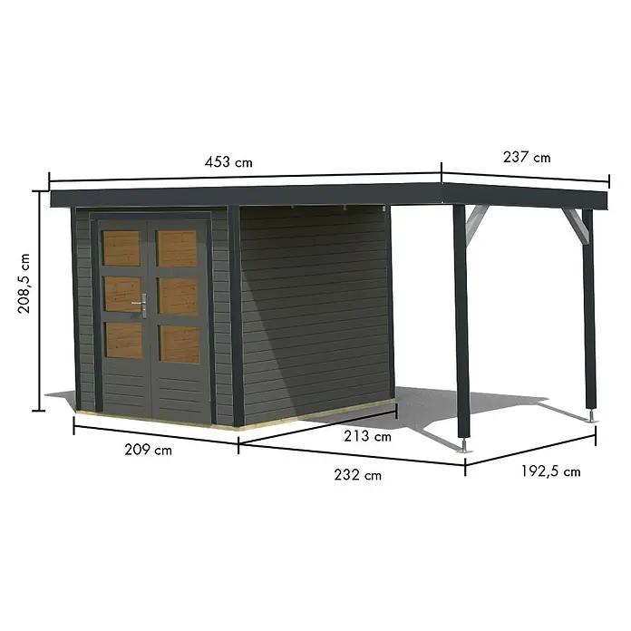 Karibu Gartenhaus Jupiter 2 B - Außenmaß inkl. Dachüberstand (B x T): 453 x 235 cm, Holz, Terragrau/Anthrazit - Dunkelgraues Holzgartenhaus mit integriertem Carport zur Lagerung im Freien.