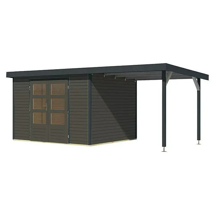 Karibu Gartenhaus Jupiter 5 B - Außenmaß inkl. Dachüberstand (B x T): 541,5 x 266,5 cm, Holz, Terragrau/Anthrazit, Mit Seitendach - Eine moderne, graue Gartenlaube mit einem integrierten Schuppen und einem offenen Unterstand, ideal für den Garten oder die Terrasse.