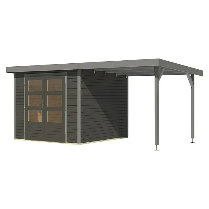 Karibu Gartenhaus Jupiter 3,5 B - Außenmaß inkl. Dachüberstand (B x T): 486,5 x 266,5 cm, Holz, Terragrau/Grau, Mit Seitendach - Abbildung eines modernen Gartenhauses mit Vordach, ideal für zusätzlichen Stauraum und Wetterschutz im Außenbereich.
