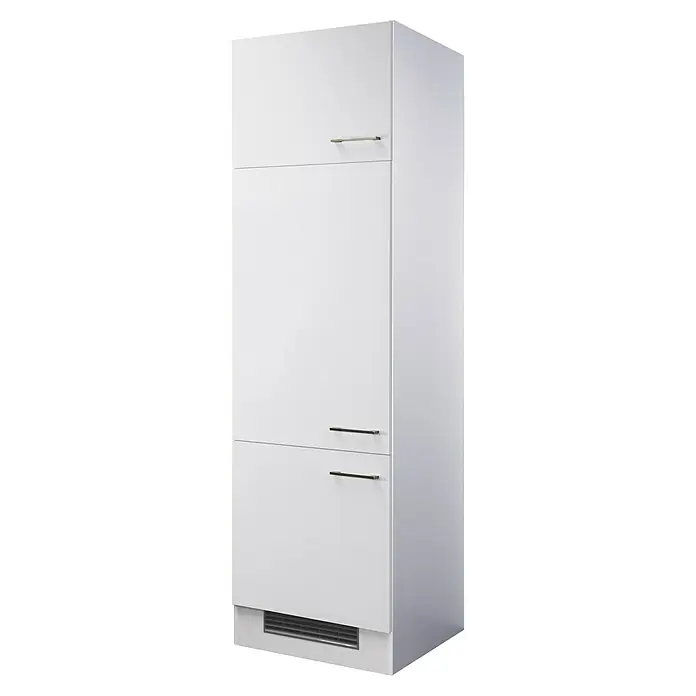 Flex-Well Rom  Geräteumbauschrank - 57 x 60 x 200 cm, Weiß, 1 Nische für integrierten Kühlschrank - Ein hochformatiger, weißer Hochschrank mit minimalistischen Griffen und einem Lüftungsgitter im unteren Bereich. Er besticht durch seine schlichte Eleganz.