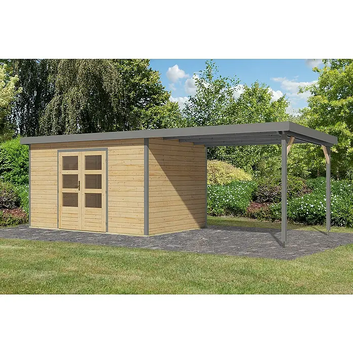 Karibu Gartenhaus Pluto 7 A - Außenmaß inkl. Dachüberstand (B x T): 692,5 x 273 cm, Holz, Naturbelassen/Grau - Ein Holzschuppen mit einem überdachten Bereich, ideal für Gartenarbeit und Lagerung, mit grauen Akzenten und doppelten Holztüren.