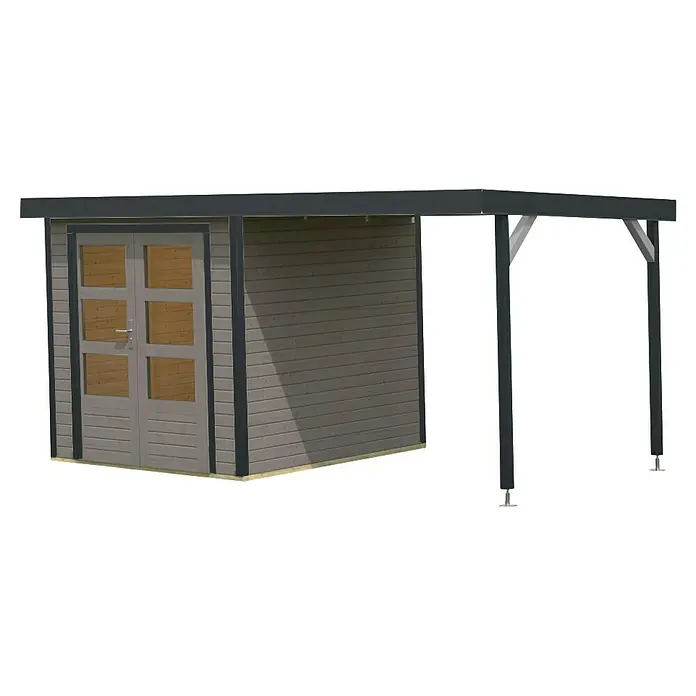 Karibu Gartenhaus Jupiter 2 D - Außenmaß inkl. Dachüberstand (B x T): 453 x 235 cm, Holz, Wassergrau/Anthrazit - Abbildung eines grauen Gartenhauses mit Doppeltür und seitlichem Anbau, ideal für zusätzlichen Stauraum im Garten.
