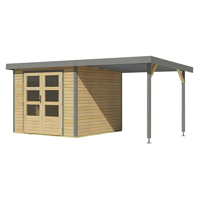 Karibu Gartenhaus Jupiter 3,5 A - Außenmaß inkl. Dachüberstand (B x T): 486,5 x 266,5 cm, Holz, Naturbelassen/Grau, Mit Seitendach - Das Bild zeigt ein Holzgartenhaus mit Doppeltür und angebautem Unterstand. Das Haus ist aus hellem Holz und hat ein graues Dach.