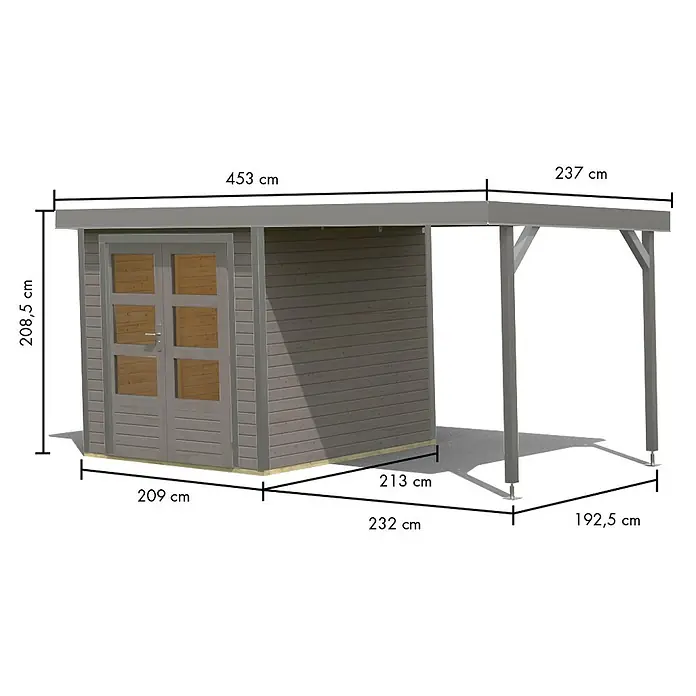 Karibu Gartenhaus Jupiter 2 D - Außenmaß inkl. Dachüberstand (B x T): 453 x 235 cm, Holz, Wassergrau - Grauer Holz-Gartenschuppen mit angebautem Carport.