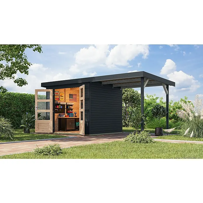 Karibu Gartenhaus Jupiter 3 C - Außenmaß inkl. Dachüberstand (B x T): 486,5 x 236,5 cm, Holz, Anthrazit - Abbildung eines modernen Gartenhauses mit Werkstattbereich und überdachter Terrasse, ideal für Hobbyhandwerker und Gartenliebhaber.