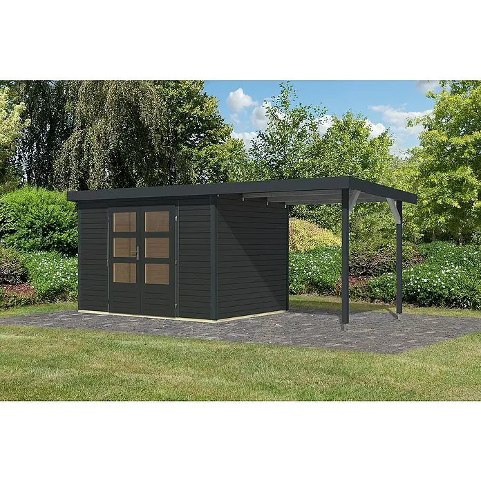 Karibu Gartenhaus Jupiter 4 C - Außenmaß inkl. Dachüberstand (B x T): 541,5 x 236,5 cm, Holz, Anthrazit, Mit Seitendach - Dunkelgraues Gartenhaus mit Vordach und Doppeltür mit Fenstern im Garten.