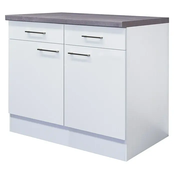 Flex-Well Rom  Küchen-Unterschrank - 60 x 100 x 86 cm, Weiß - Dieser elegante, moderne Küchenschrank in Weiß mit grauer Arbeitsplatte bietet stilvollen Stauraum und fügt sich nahtlos in jede Küche ein.