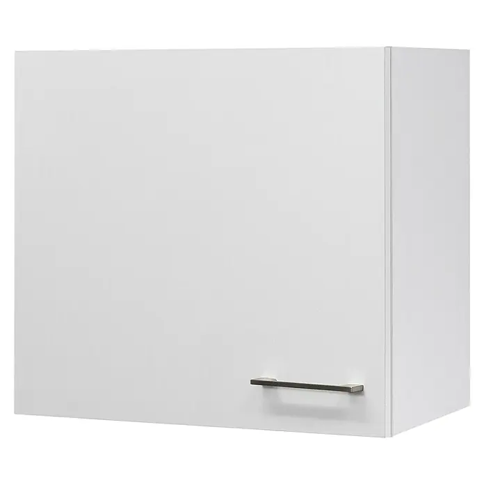 Flex-Well Rom  Singleküche - Breite: 210 cm, Weiß, Mit 2-Zonen-Glaskeramikkochfeld - Nahaufnahme eines weißen Wandschranks mit einem silbernen Griff, der modernes Design und Funktionalität vereint.