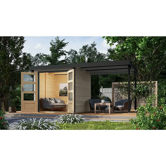 Karibu Gartenhaus Jupiter 2 D - Außenmaß inkl. Dachüberstand (B x T): 453 x 235 cm, Holz, Wassergrau/Anthrazit - Ein modernes Gartenhaus mit offenem Wohnbereich und stilvoller Pergola, eingebettet in eine grüne Gartenlandschaft. Perfekt für entspannte Stunden.