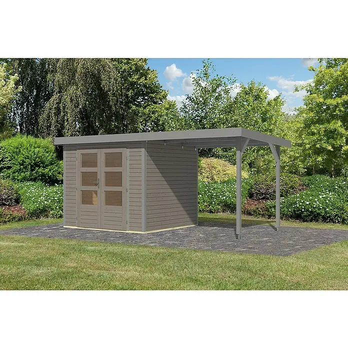 Karibu Gartenhaus Jupiter 3 D - Außenmaß inkl. Dachüberstand (B x T): 486,5 x 236,5 cm, Holz, Wassergrau/Grau - Ein graues Gartenhaus mit Doppeltür und überdachtem Bereich, umgeben von Grünflächen und Steinboden. Praktische Aufbewahrung für den Garten.