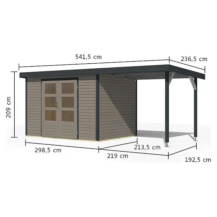 Karibu Gartenhaus Jupiter 4 D - Außenmaß inkl. Dachüberstand (B x T): 541,5 x 236,5 cm, Holz, Wassergrau/Anthrazit, Mit Seitendach - Holzgerätehaus mit Doppeltür und integriertem anthrazitfarbenem Carport. Modernes Flachdachdesign.