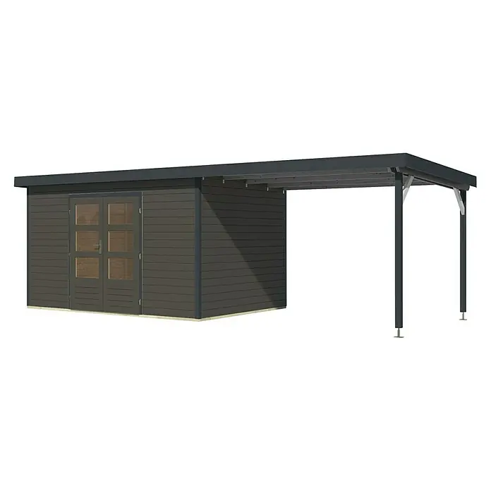 Karibu Gartenhaus Pluto 7 B - Außenmaß inkl. Dachüberstand (B x T): 692,5 x 273 cm, Holz, Terragrau/Anthrazit - Ein modernes Gartenhaus mit integriertem Carport bietet stilvollen Stauraum und einen geschützten Stellplatz. Das Haus überzeugt durch sein schlichtes Design.