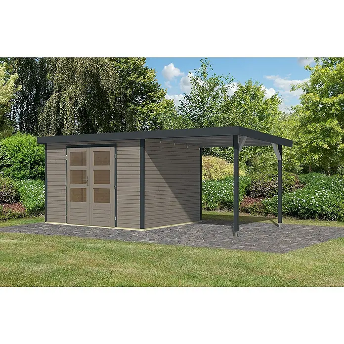Karibu Gartenhaus Jupiter 5 D - Außenmaß inkl. Dachüberstand (B x T): 541,5 x 266,5 cm, Holz, Wassergrau/Anthrazit, Mit Seitendach - Ein modernes Gartenhaus mit einem überdachten Anbau, ideal für zusätzlichen Stauraum und Schutz vor Wettereinflüssen.
