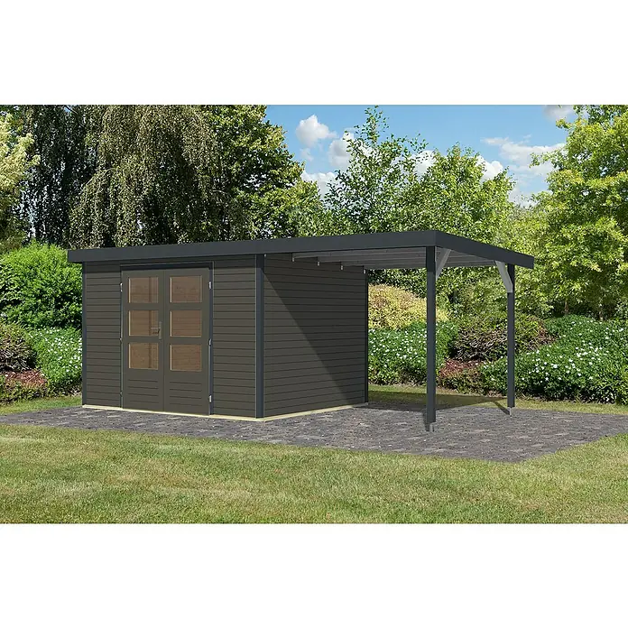 Karibu Gartenhaus Jupiter 5 B - Außenmaß inkl. Dachüberstand (B x T): 541,5 x 266,5 cm, Holz, Terragrau/Anthrazit, Mit Seitendach - Modernes Gartenhaus mit Carportanbau, ideal für Gartengeräte oder als gemütlicher Rückzugsort im Grünen mit überdachtem Bereich.