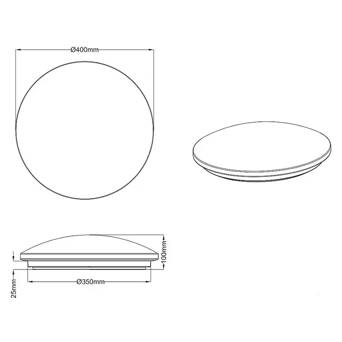 Trio Lighting Plafón LED redondo Putz cielo estrellado - 15 W, Ø x Al: 40 x 10 cm, Blanco, Blanco neutro - Dibujo técnico de una lámpara de techo redonda con dimensiones Ø400mm (exterior) y Ø350mm (interior), junto con una altura de 25mm.
